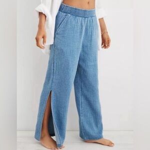 AERIE Pool to Party Indigo Blue Gauze Wide-Leg Pants with Side Slits